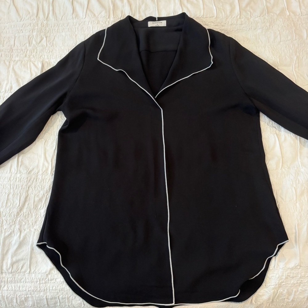 Aritzia Babaton Rena Long Sleeve Blouse, Black with White Piping, Size M - Picture 2 of 9